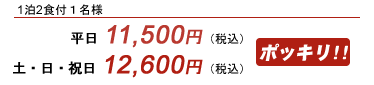 1泊2食付 1名様 平日 8,500円(税込) 1泊2食付 1名様 土・日・祝日 9,000円(税込)ポッキリ!!